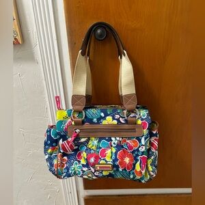 Lily Bloom Multicolor Floral with Sea Turtle Canvas Shoulder Bag with Brown Trim